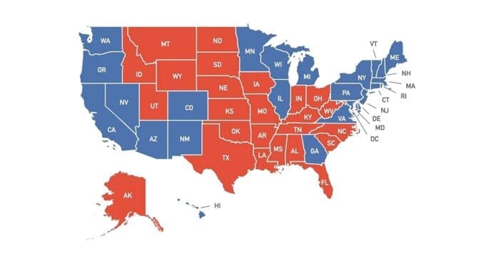 A map of the United States showing the results of the 2020 presidential election, with states colored red or blue to represent the winning party.