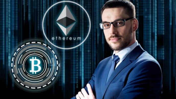 A professional man in a suit stands confidently with his arms crossed, with large, glowing digital symbols for Ethereum and Bitcoin floating beside him against a blue data background.