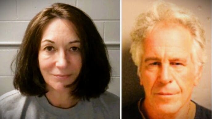 A composite image showing the official mugshots of Ghislaine Maxwell on the left and Jeffrey Epstein on the right.