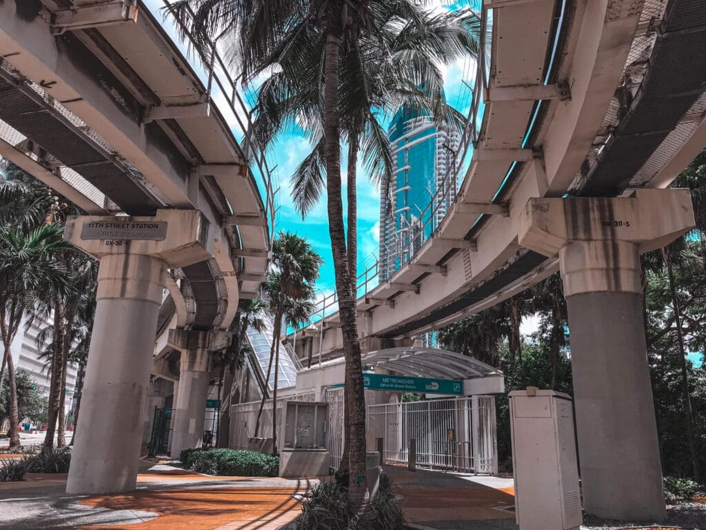 A ground-level view of the Miami Metromover elevated tracks and the 11th Street Station