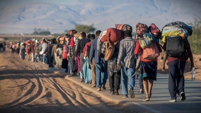 A long line of immigrants, carrying large bundles of belongings on their backs, walks along a dusty road with hills in the distance.
