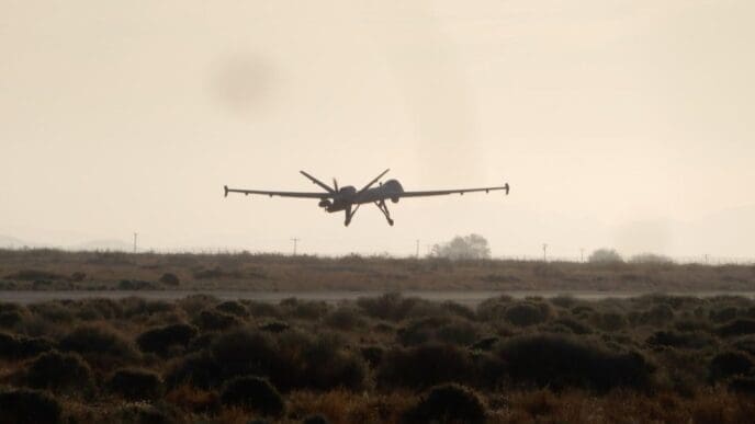 A large military drone, a Predator or Reaper type, is seen landing on a runway, silhouetted against a hazy sky with dry, bushy terrain in the foreground.