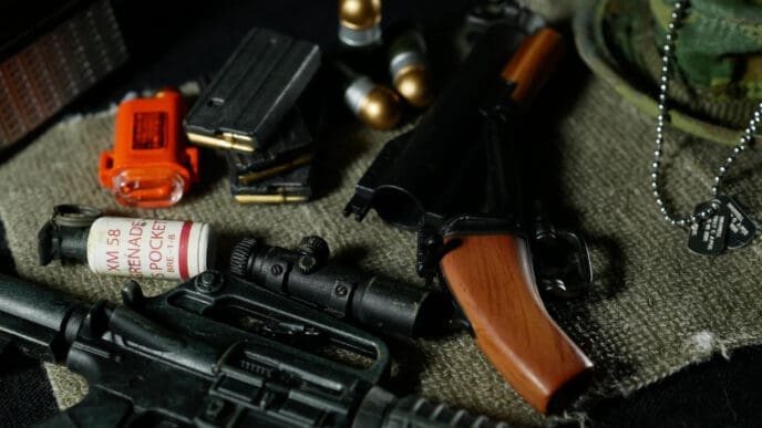 A collection of military equipment, including a rifle, a pistol, grenades, and ammunition, on a piece of cloth.