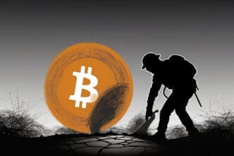 A person in a hat and backpack is shoveling a large, glowing Bitcoin coin in a cracked, desolate landscape