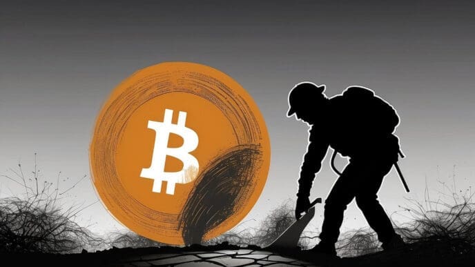 A person in a hat and backpack is shoveling a large, glowing Bitcoin coin in a cracked, desolate landscape