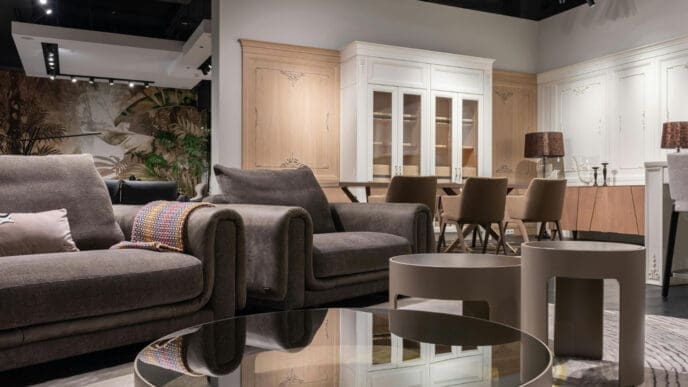 A photograph of a modern, stylish living room with a gray sofa and a round glass coffee table, and a dining area with a large cabinet in the background.
