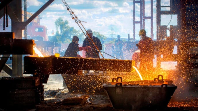 A group of industrial workers in a foundry are pouring molten metal, creating a bright stream of liquid and a shower of sparks in a dark, dramatic scene.