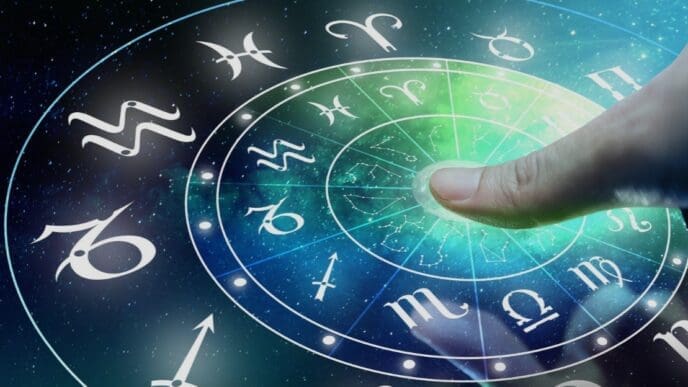 A hand is touching a glowing point on a futuristic astrological zodiac wheel, set against a star-filled galaxy background.