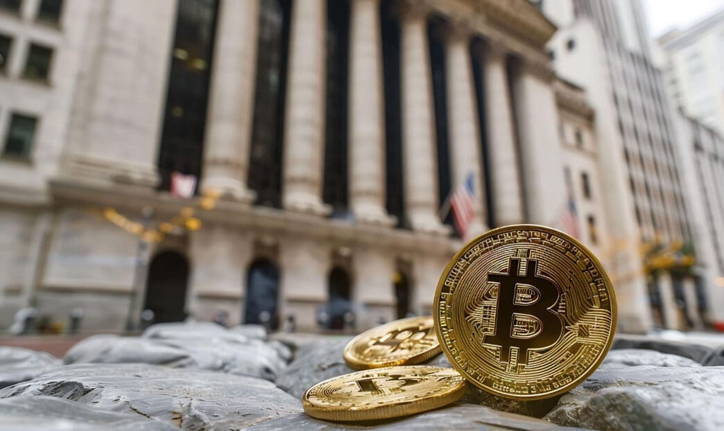 A conceptual image showing several golden Bitcoin coins on a stone surface, with the iconic facade of the New York Stock Exchange blurred in the background.