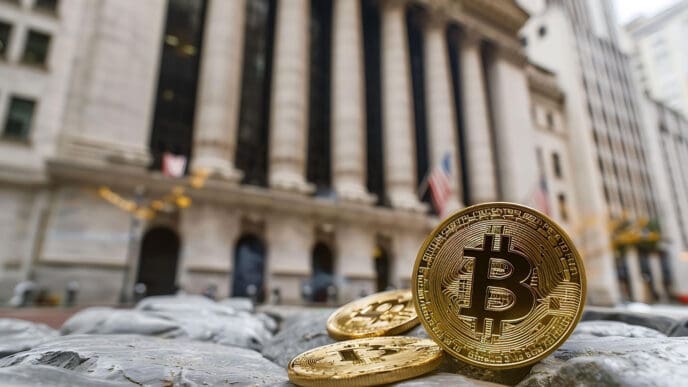 A conceptual image showing several golden Bitcoin coins on a stone surface, with the iconic facade of the New York Stock Exchange blurred in the background.