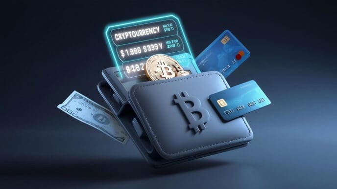 A conceptual 3D rendering of a digital wallet with a Bitcoin logo on it, with credit cards, a US dollar bill, a Bitcoin coin, and a glowing screen with financial data floating out of it.