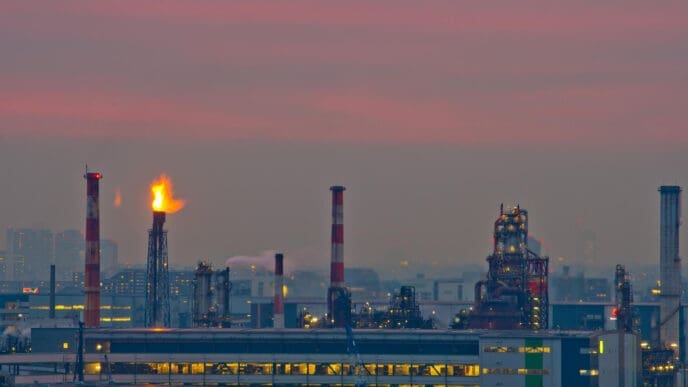 A Russian oil refinery with multiple smokestacks and a large flare stack burning against a hazy, pink-and-purple sunset sky