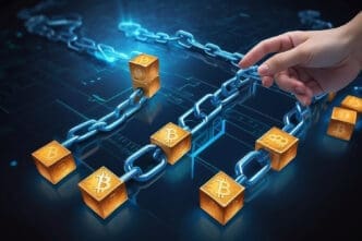 A digital illustration showing a hand placing a golden Bitcoin-stamped cube into a glowing blue chain, symbolizing the process of a blockchain transaction.