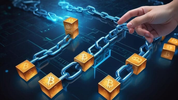 A digital illustration showing a hand placing a golden Bitcoin-stamped cube into a glowing blue chain, symbolizing the process of a blockchain transaction.