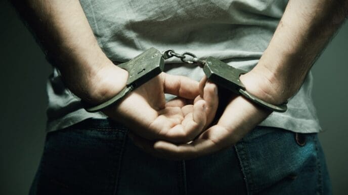 A person is shown from the back, wearing handcuffs with their hands behind them