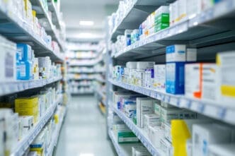 A wide-angle view of two aisles of shelves in a pharmacy, filled with various boxes of medicine and health products.