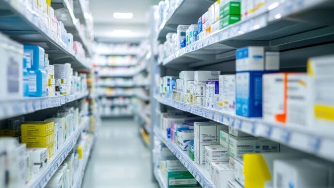 A wide-angle view of two aisles of shelves in a pharmacy, filled with various boxes of medicine and health products.