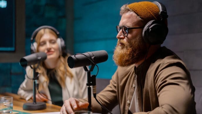 A man with a red beard and a beanie is speaking into a microphone in a podcast studio, with a woman also in headphones and a microphone in the background.