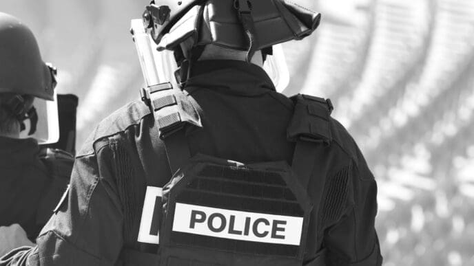 A black and white, close-up shot of a police officer wearing a helmet and a tactical vest with the word "POLICE" on it