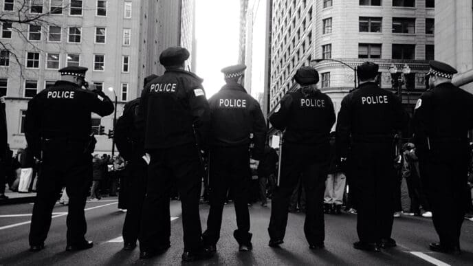 A black and white photograph showing the backs of a line of six police officers standing on a city street between tall buildings, facing a bright light.