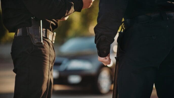 Two police officers stand next to each other, one writing on a piece of paper, with a car in the background