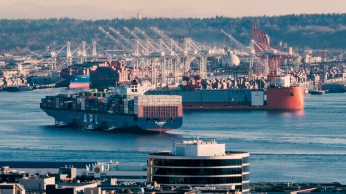 A view of a busy port with two large cargo ships in the water, one labeled 'APL', with numerous cranes and containers visible along the shore in the background.