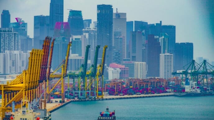 A high-angle view of a bustling port with numerous large cranes, shipping containers, and cargo ships, with the dense, hazy skyline of a modern city in the background.