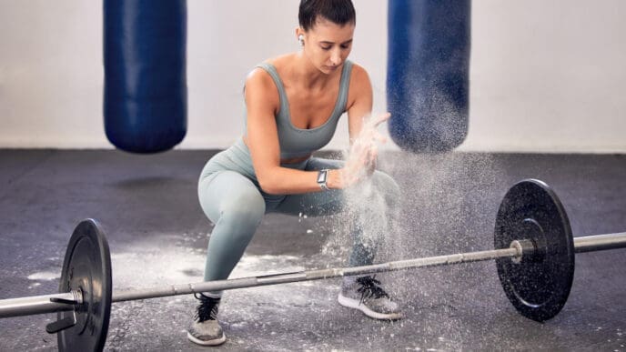 A woman in a gym clapping her hands, creating a cloud of chalk dust, while squatting in front of a barbell.