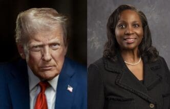 A composite image with a portrait of President Donald Trump on the left and a portrait of Lisa D. Cook on the right.