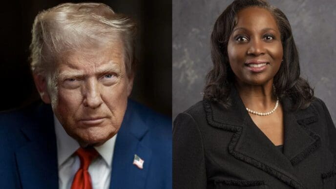 A composite image with a portrait of President Donald Trump on the left and a portrait of Lisa D. Cook on the right.