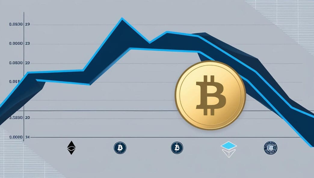 A professional digital graphic featuring a large 3D Bitcoin coin in front of a blue line graph with price axis markers, and small icons of other cryptocurrencies below.
