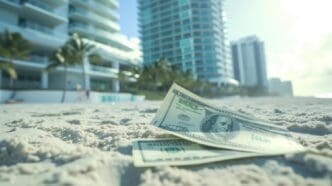 US hundred-dollar bills are shown partially buried in the sand on a beach, with modern high-rise buildings in the blurry background.