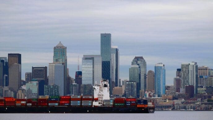 A large cargo ship carrying shipping containers is visible in front of the Seattle skyline