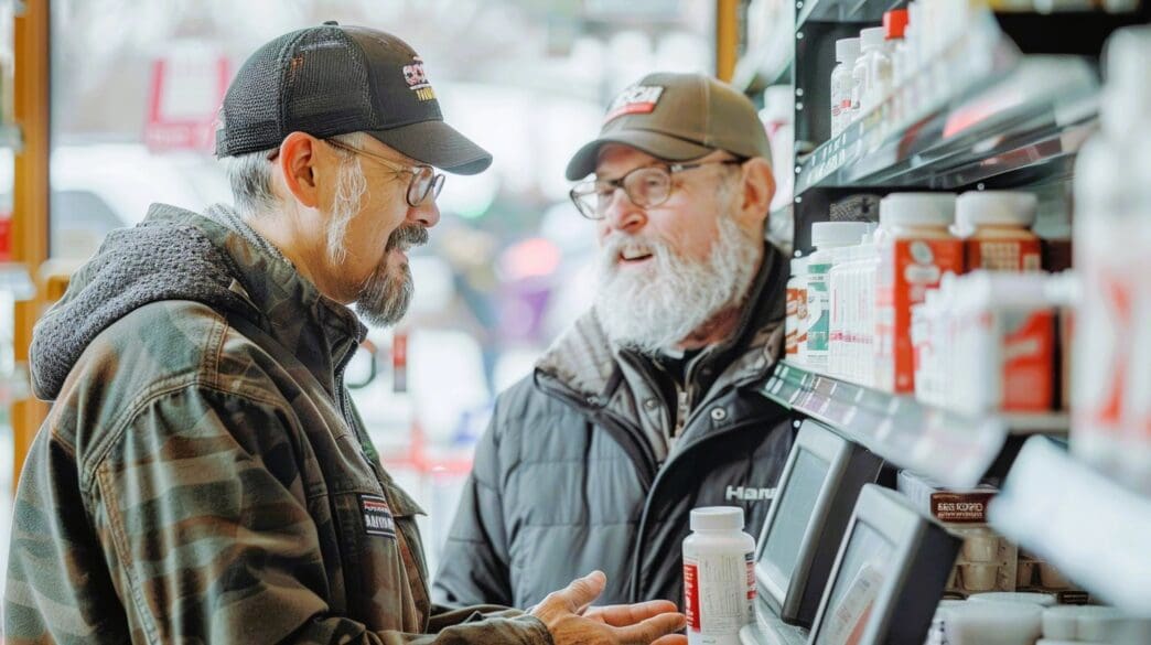 Two senior men in caps and jackets are talking and smiling while looking at health products on a shelf inside a store.