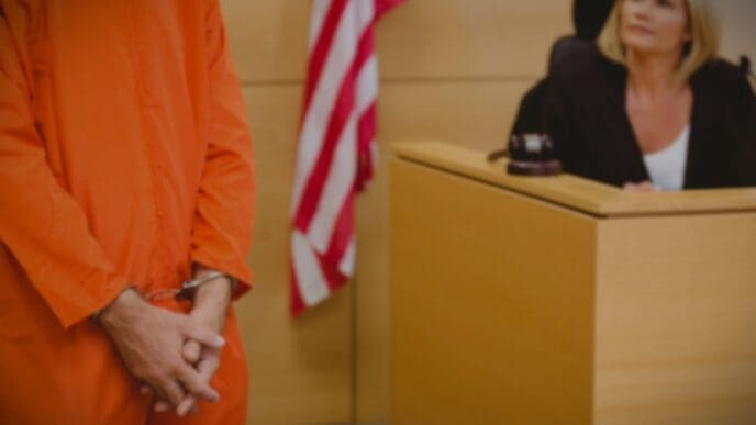 A blurry image of a person in an orange jumpsuit in a courtroom, with a judge visible in the background.