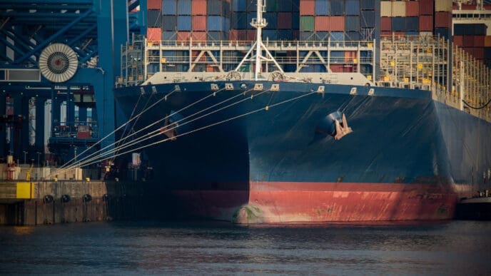 A close-up, frontal view of a large blue container ship with a red hull, docked at a port and loaded with multi-colored shipping containers.