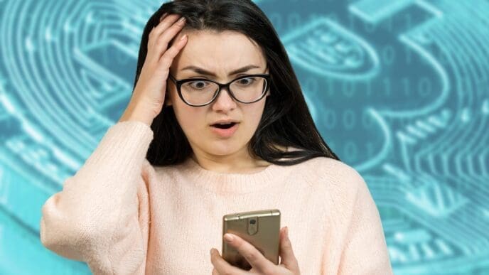 A young woman in glasses looks shocked and holds her head while looking at her phone