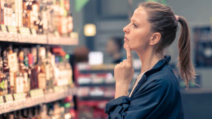 A woman with a thoughtful expression stands in a store aisle, looking at a shelf of bottles and holding her finger to her chin.