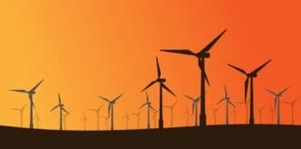 A digital illustration of a field of wind turbines in silhouette against a vibrant orange and yellow sunset sky.