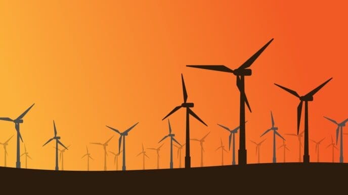 A digital illustration of a field of wind turbines in silhouette against a vibrant orange and yellow sunset sky.