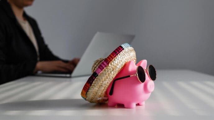 A pink piggy bank wearing a sombrero and sunglasses on a desk, with a person working on a laptop in the blurred background.