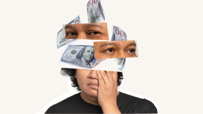 A collage of a worried man's face, with his eyes and a dollar bill floating above his head, symbolizing financial anxiety.
