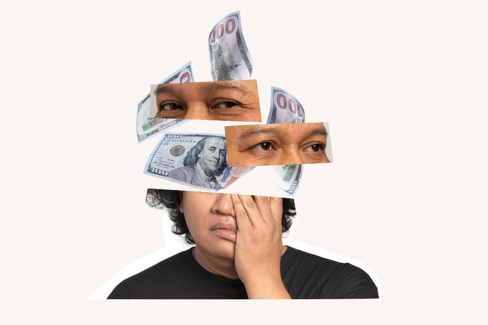 A collage of a worried man's face, with his eyes and a dollar bill floating above his head, symbolizing financial anxiety.