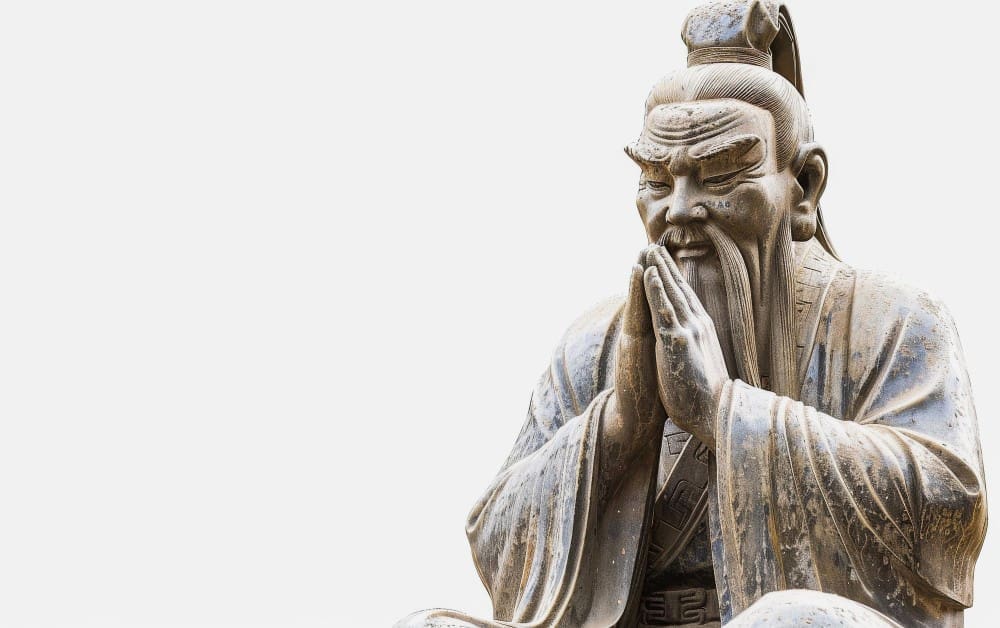 A statue of a Confucian sage, likely Confucius, with a long beard and hands clasped, set against a white background.