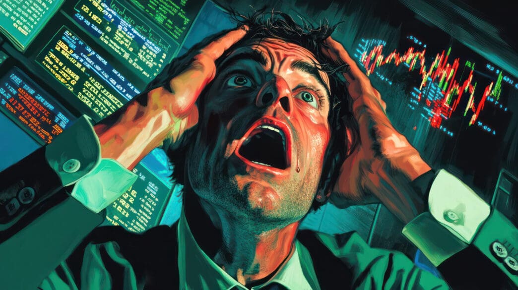 An intense, stylized illustration of a panicked man clutching his head while looking at multiple screens displaying financial charts and data.