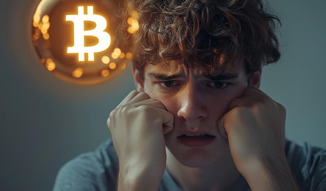 A close-up, dramatic photo of a young man with a distressed and worried expression, his hands on the sides of his face, with a glowing Bitcoin symbol blurred in the background.