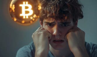 A close-up, dramatic photo of a young man with a distressed and worried expression, his hands on the sides of his face, with a glowing Bitcoin symbol blurred in the background.
