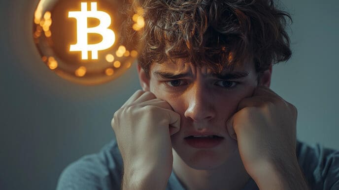 A close-up, dramatic photo of a young man with a distressed and worried expression, his hands on the sides of his face, with a glowing Bitcoin symbol blurred in the background.