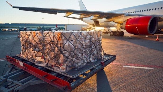 A large pallet of cargo, shrink-wrapped and secured with a net, sits on a transport dolly on an airport tarmac near a parked airliner with a red engine, under the golden light of sunset.