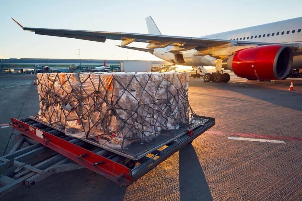 A large pallet of cargo, shrink-wrapped and secured with a net, sits on a transport dolly on an airport tarmac near a parked airliner with a red engine, under the golden light of sunset.